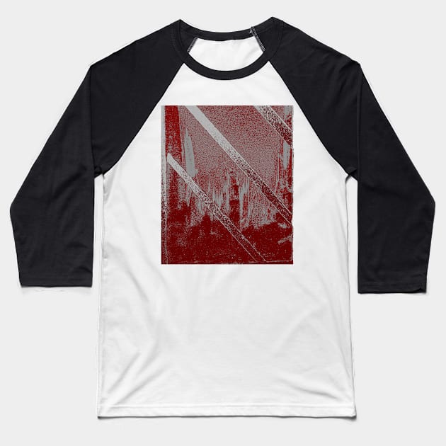 Cityscape through Window in Maroon and Silver Baseball T-Shirt by BlackArtichoke